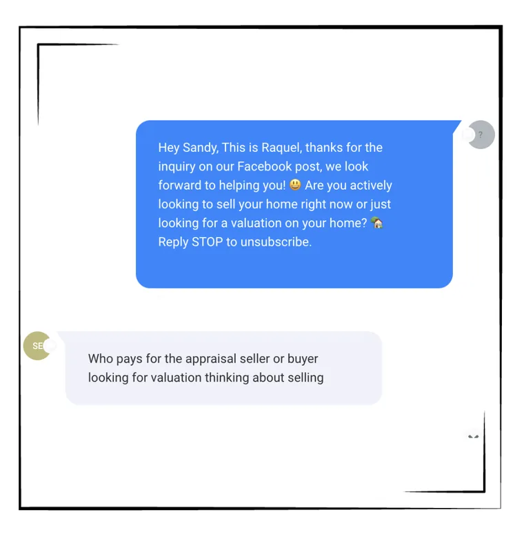 Text conversation with a homeowner inquiring from a Facebook post about selling their home.