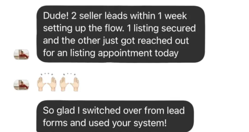 Direct message from an agent reporting two listing leads in one week and one listing secured.
