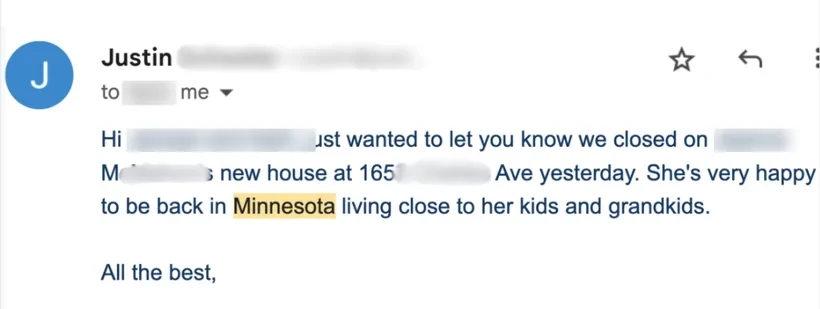 Email from an agent letting the team know they closed on a client's new home.