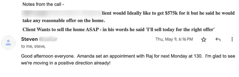 Email from a team owner and broker noting a listing appointment was set with a motivated homeowner.