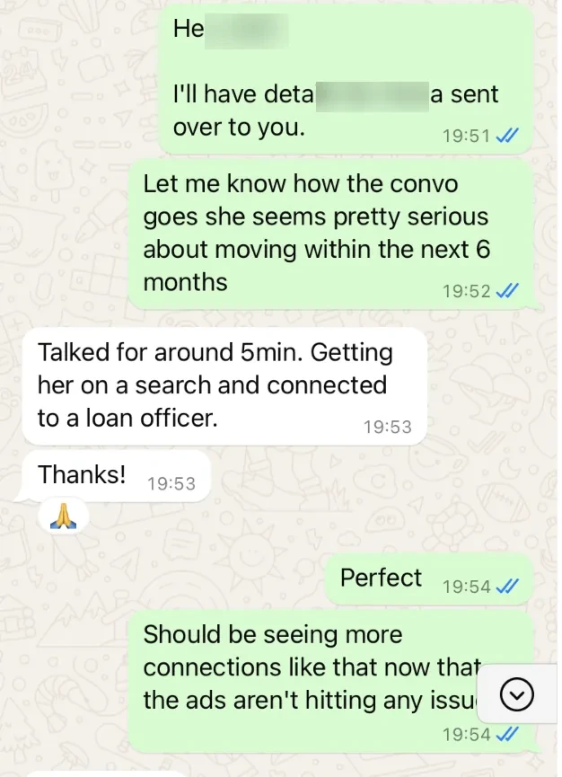 Message thread with an agent whose lead was qualified and connected to a loan officer.