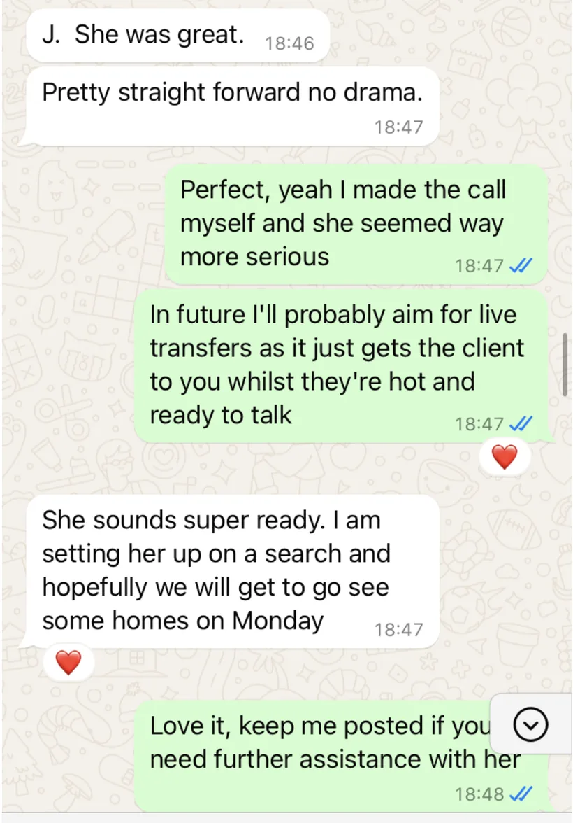 Message thread with an agent saying the lead was great and is now in an active home search.